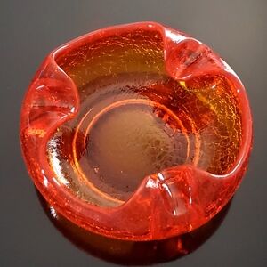 MCM Viking Amberina Crackle Glass 7 1/2" Ashtray Tangerine Persimmon Orange
